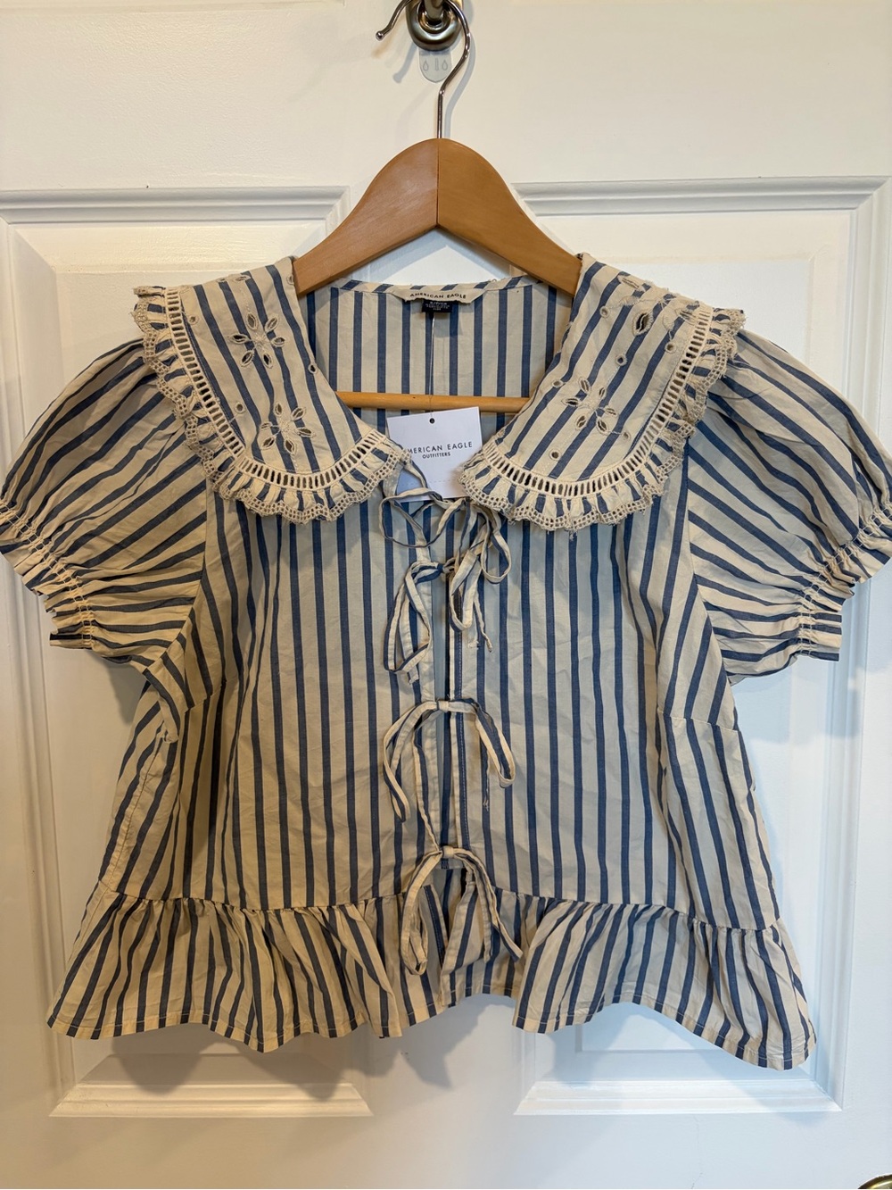 American Eagle Outfitters Navy and Cream Striped Tie-Front Peasant Blouse
